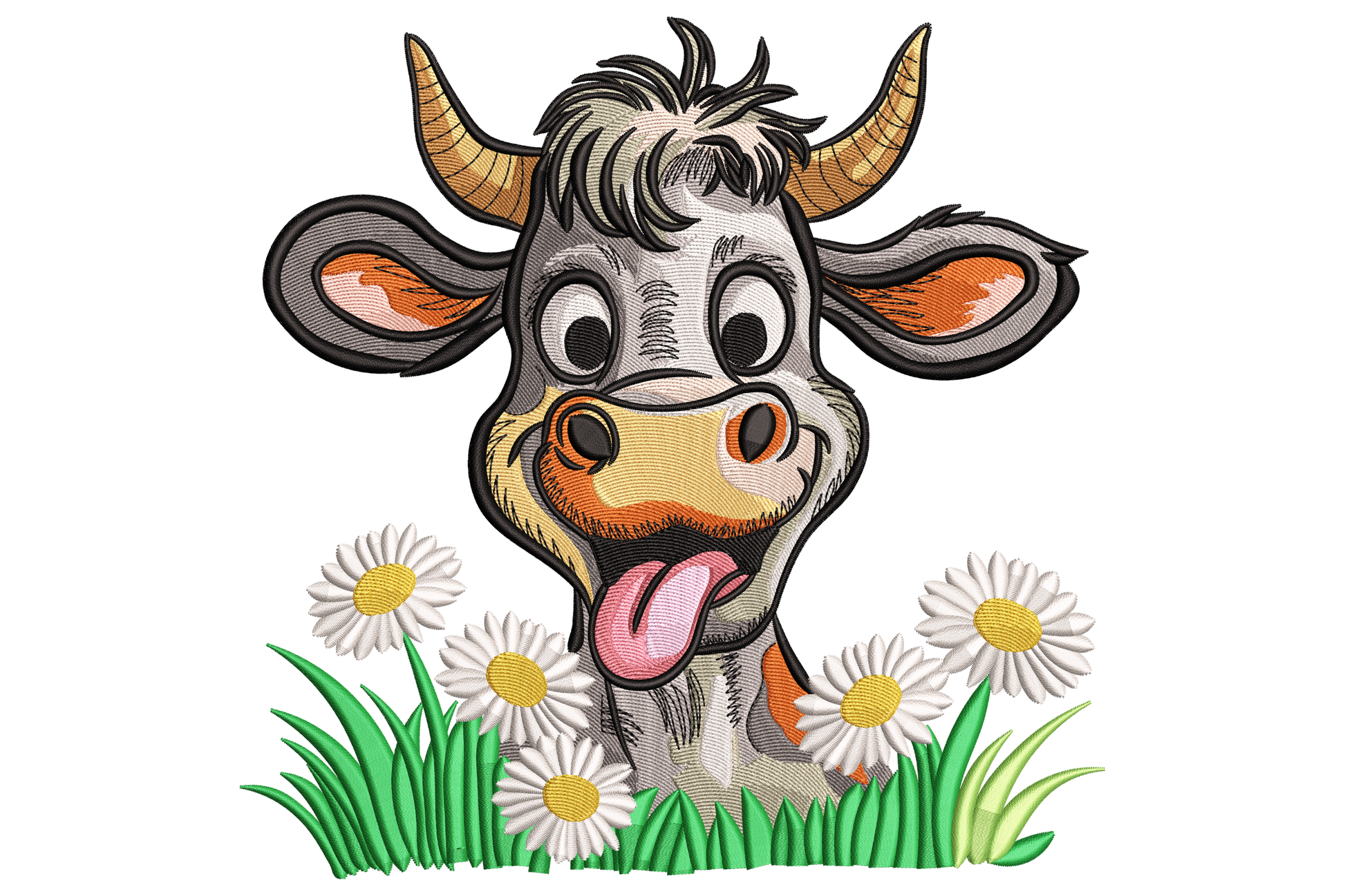 Funny cartoon cow face embroidery, wide eyes, golden horns, orange nose and pink tongue out over white daisies.