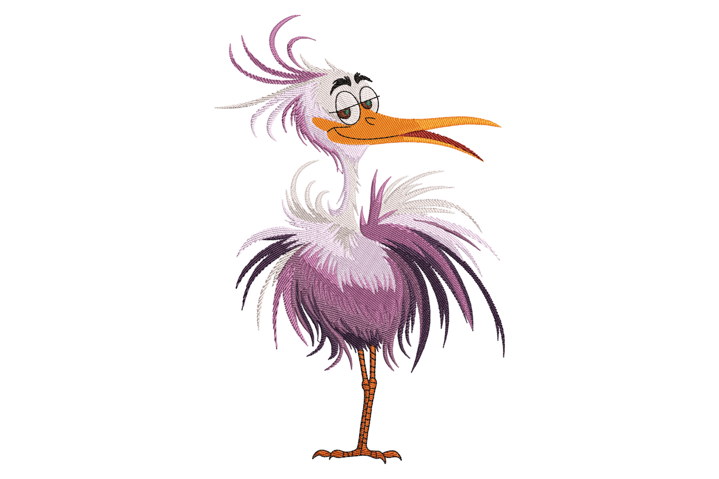 Cartoon crane bird embroidery, messy white and plum feathers, long orange beak and skinny orange legs.