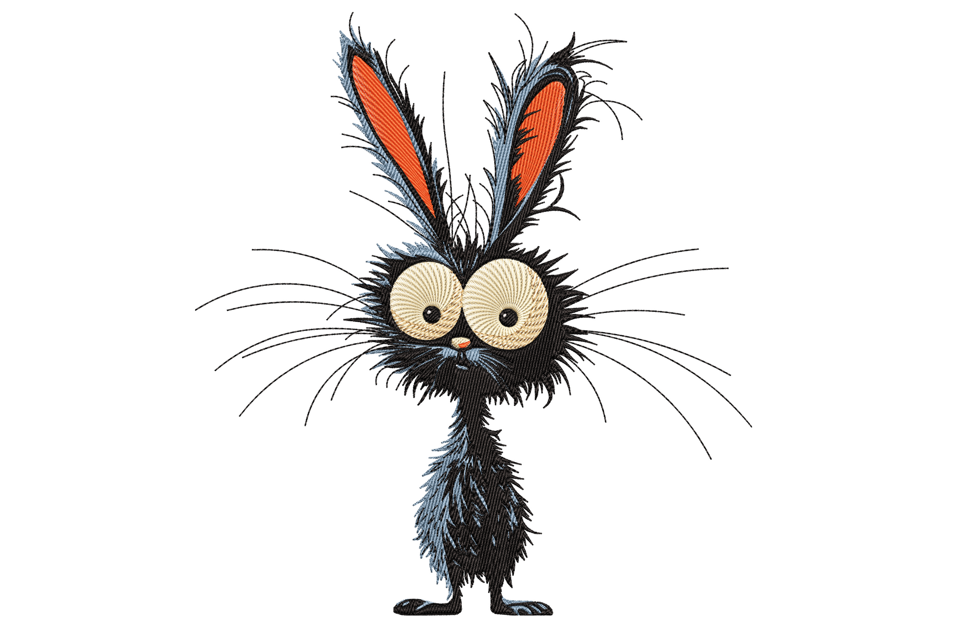 Funny crazy bunny embroidery design, scraggly black cartoon rabbit standing upright with huge spiral cream eyes and tall orange-lined ears.