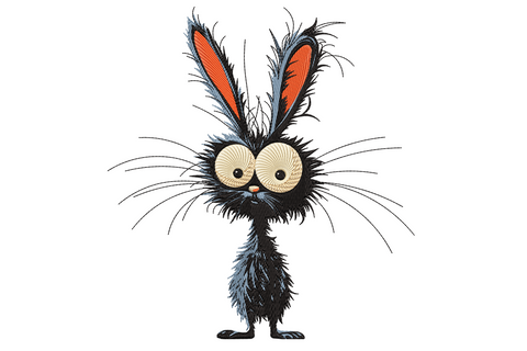Funny crazy bunny embroidery design, scraggly black cartoon rabbit standing upright with huge spiral cream eyes and tall orange-lined ears.