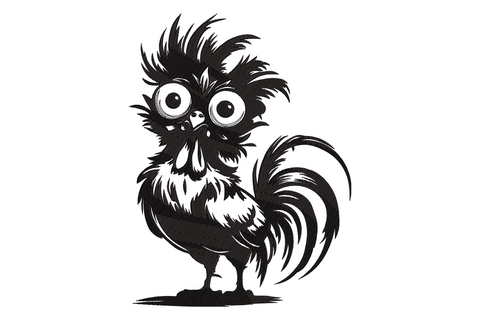 Funny crazy rooster embroidery, black silhouette with wild spiked feathers, huge white googly eyes and dramatic fan tail.