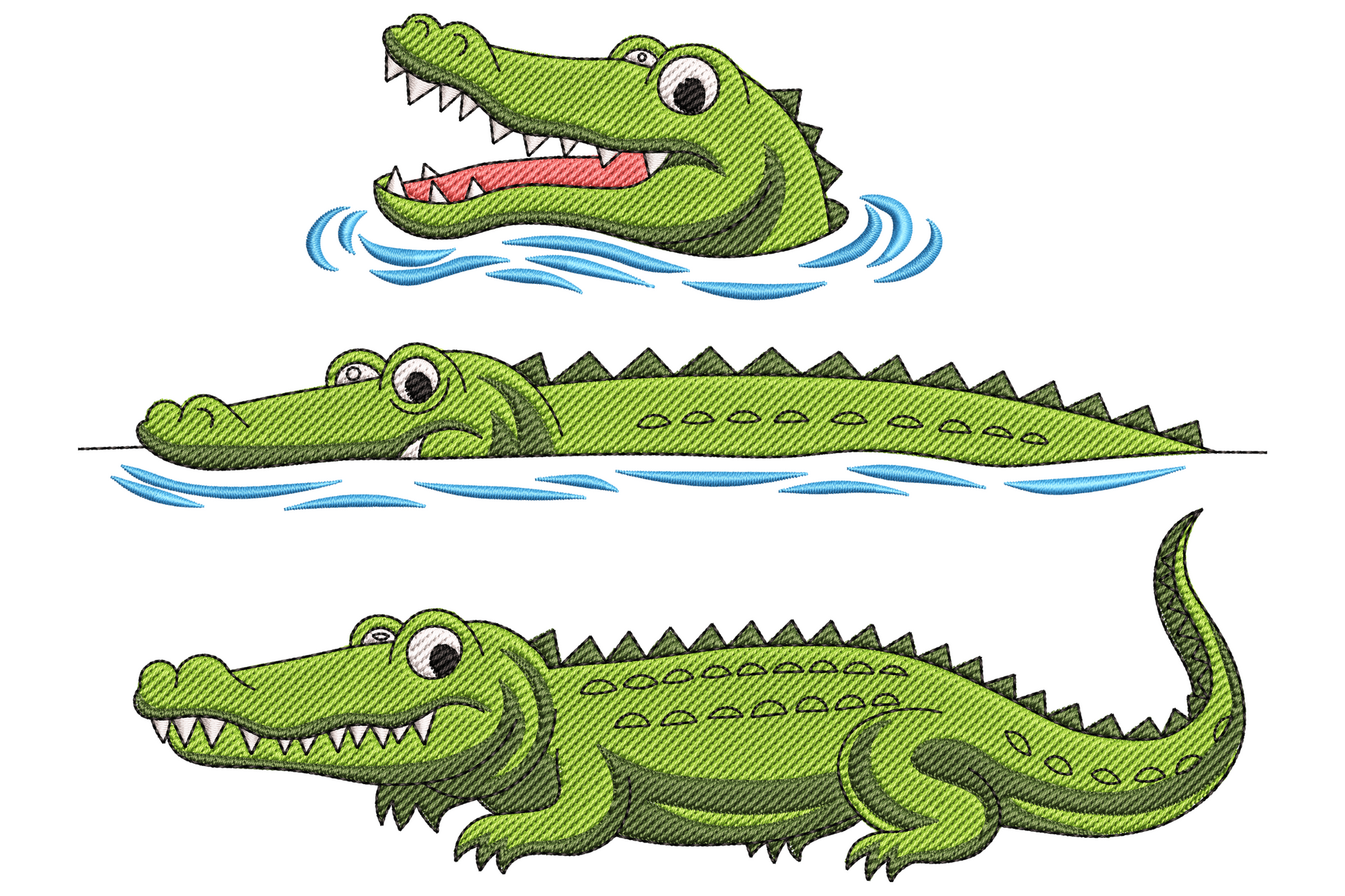 Funny crocodile trio embroidery design with three stacked cartoon green crocodiles grinning, cream bellies and bold black outlines.