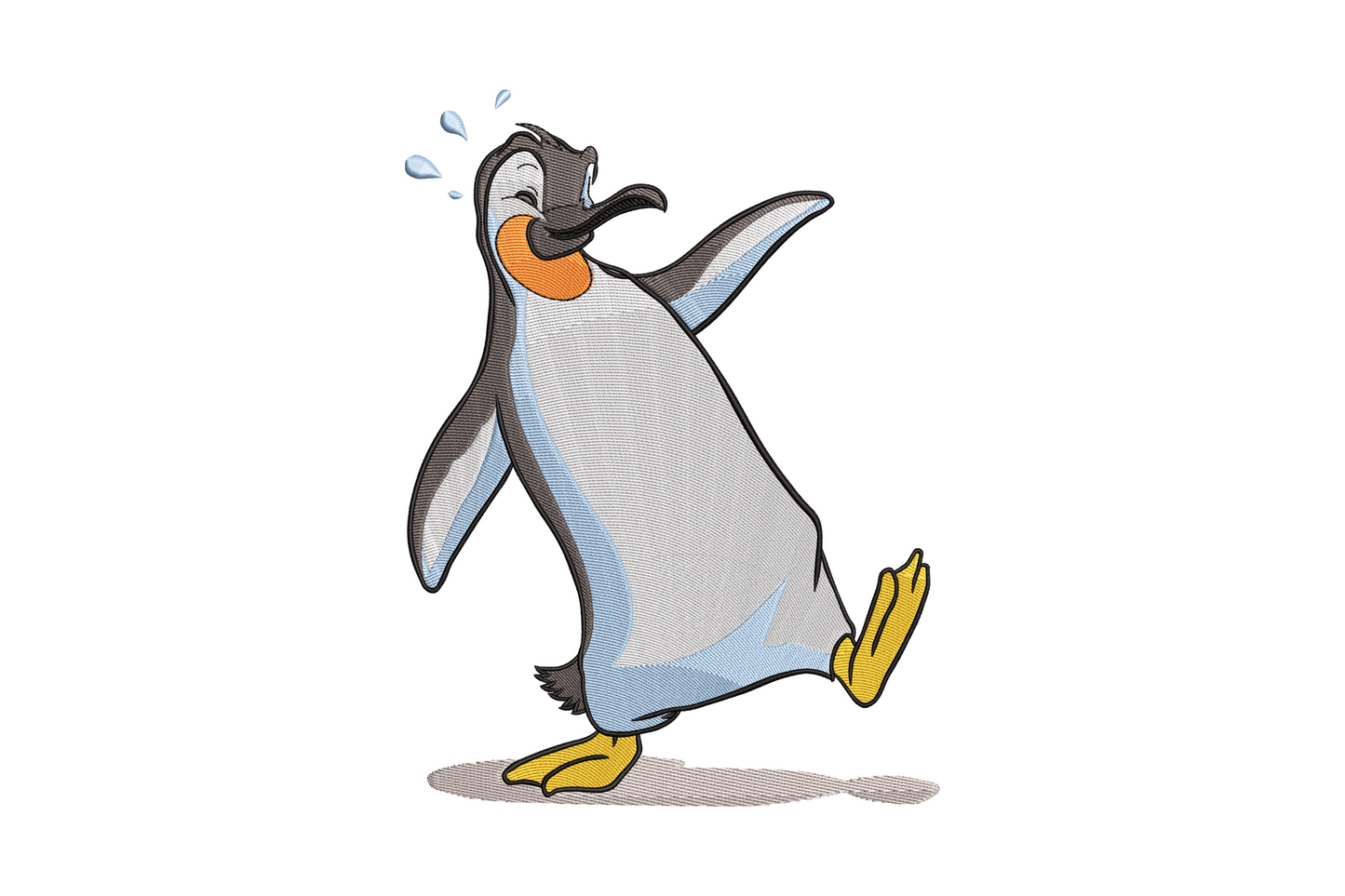 Funny dancing penguin embroidery design in 7 colours with raised flipper dance pose on white fabric