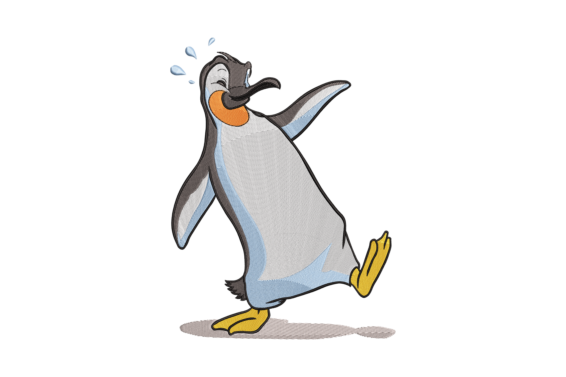 Funny dancing penguin embroidery design in 7 colours with raised flipper dance pose on white fabric