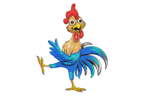 Funny dancing rooster embroidery design with a cartoon cockerel kicking one leg up, cobalt blue tail fan, red comb and wattle, yellow beak and claws, wide open beak mid-crow.