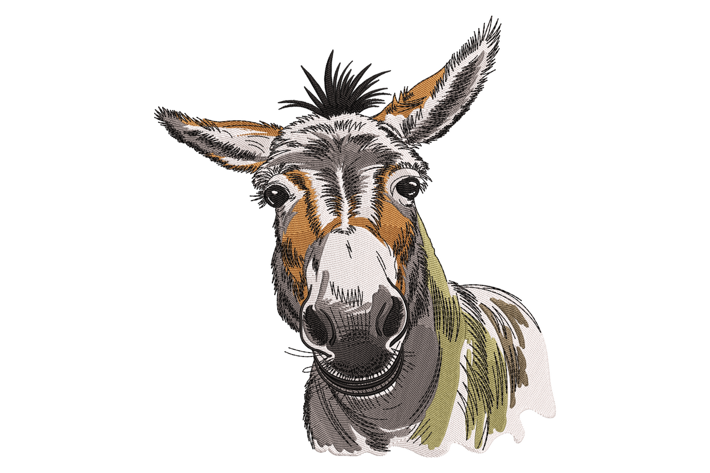 Funny donkey portrait embroidery, tan brown face, charcoal neck, white muzzle, sage tail tuft, scruffy mohawk forelock