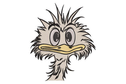 Funny duck face embroidery, huge goggle eyes, flat sand beak and wild spiked feathers radiating outward in grey and black.
