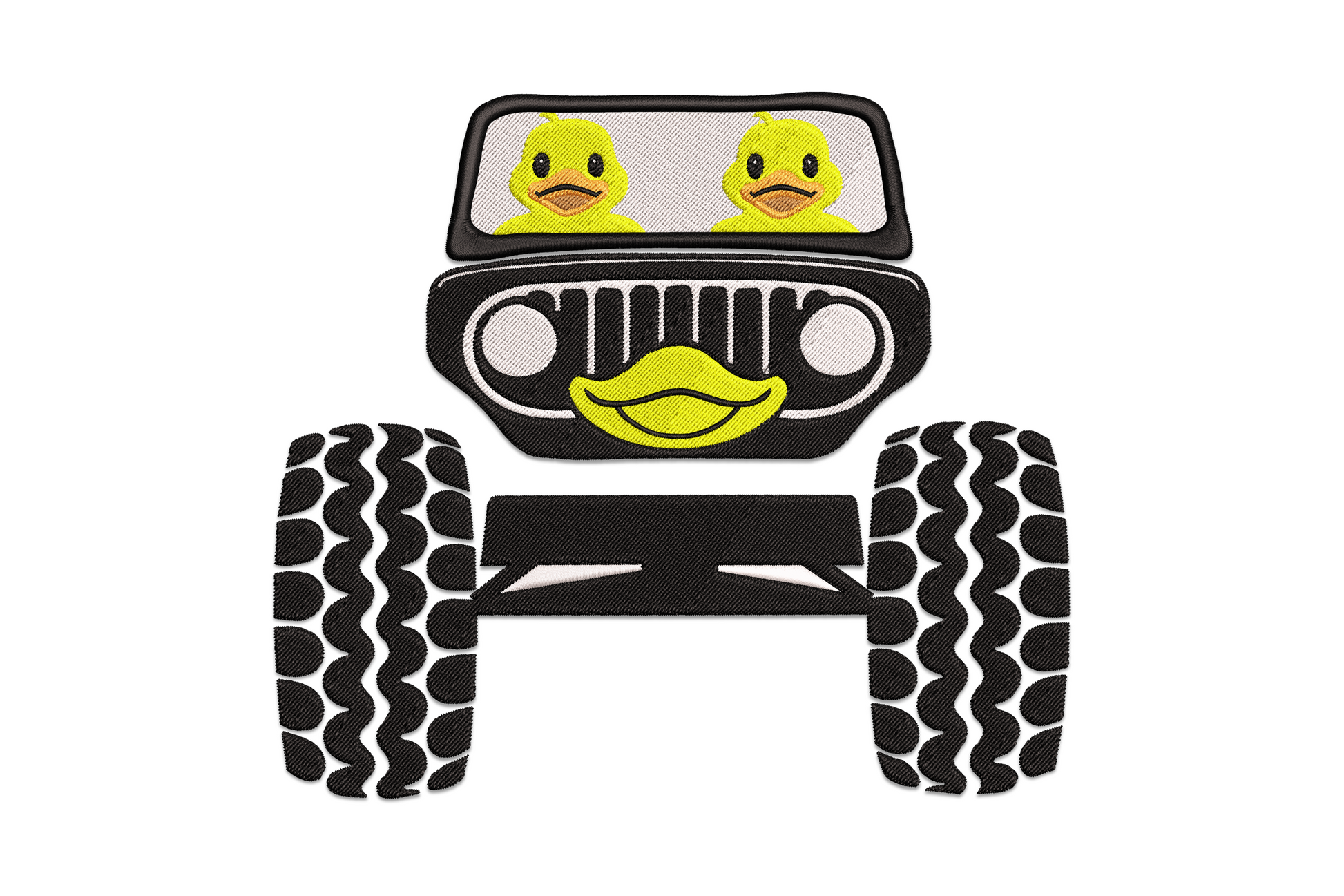 Funny duck driving a cartoon jeep machine embroidery design, five colours, yellow duck with goggles in an olive green vehicle