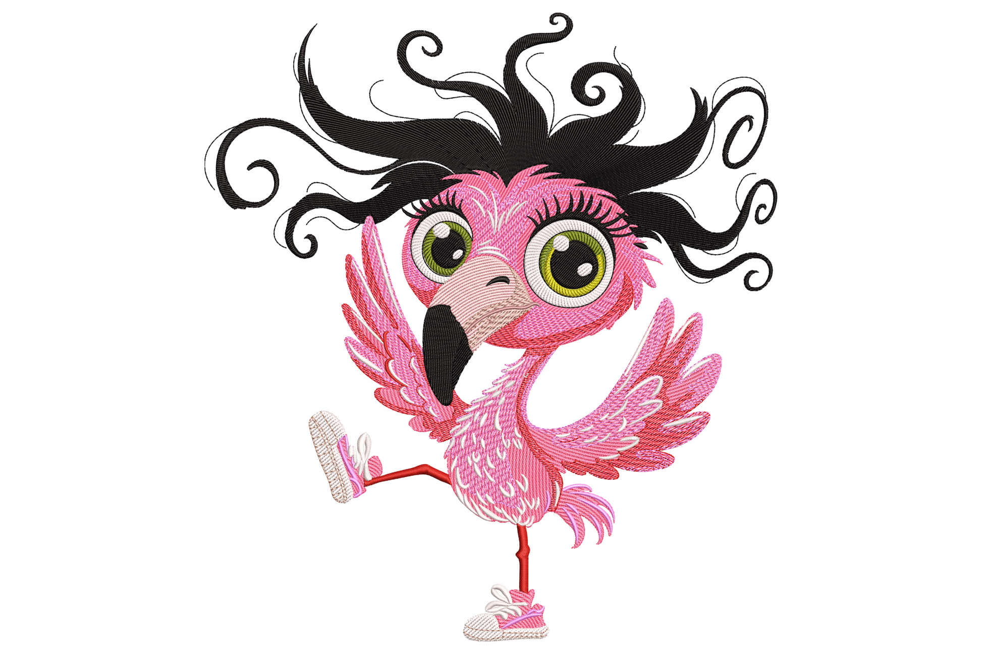 Funny flamingo cartoon embroidery design with wild messy black curly hair, pink body, big eyes and white sneakers.