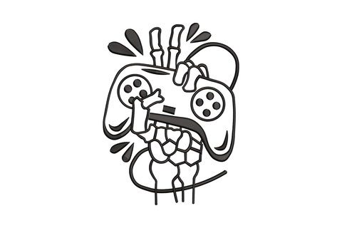 Funny gamer rage controller embroidery design - screaming cartoon controller with raised fists in black, 4 sizes