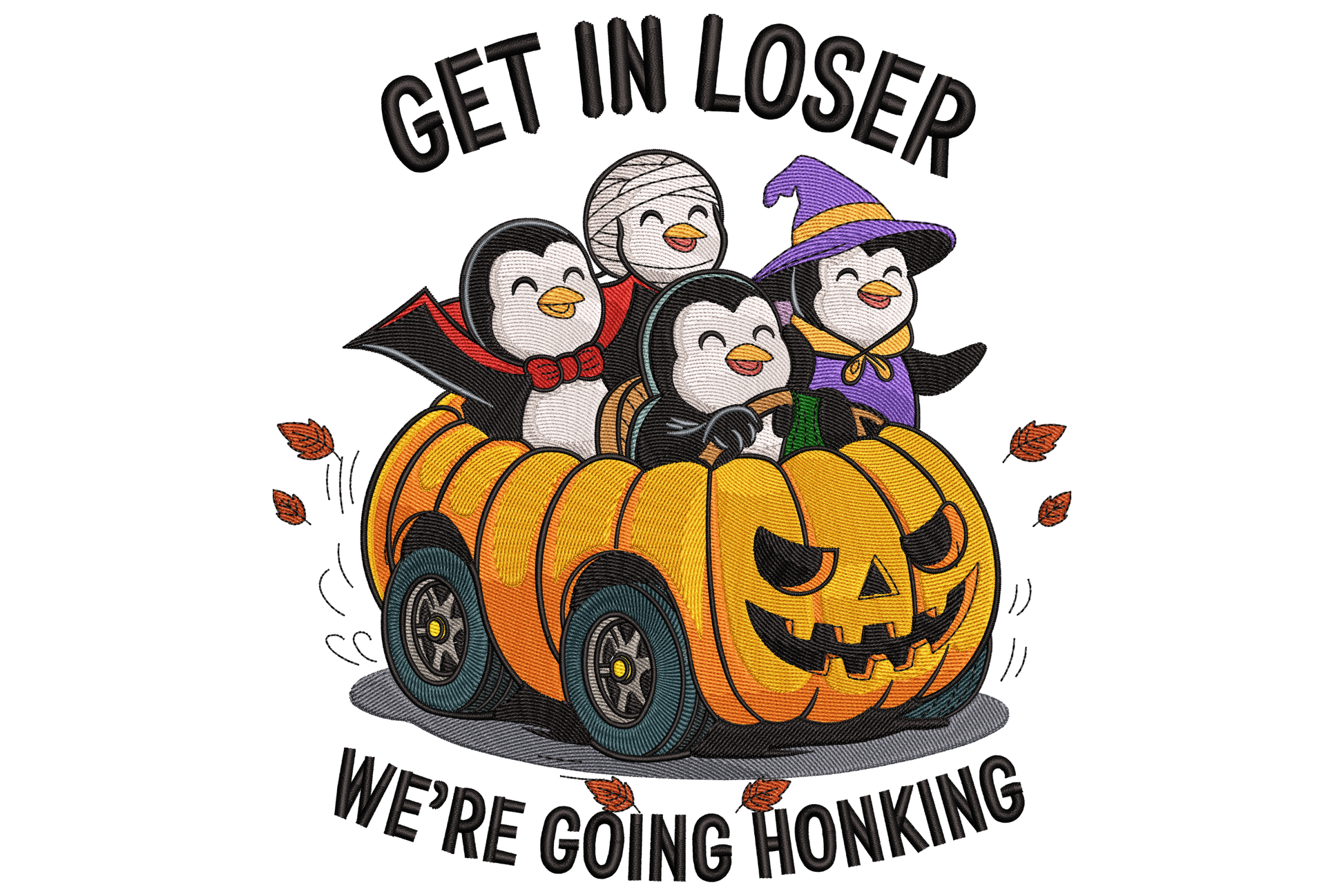 Funny halloween penguin embroidery design, chubby character penguin in halloween costume, 20 thread colours in black, white, orange and seasonal accents, 3.22 by 3.5 inches.