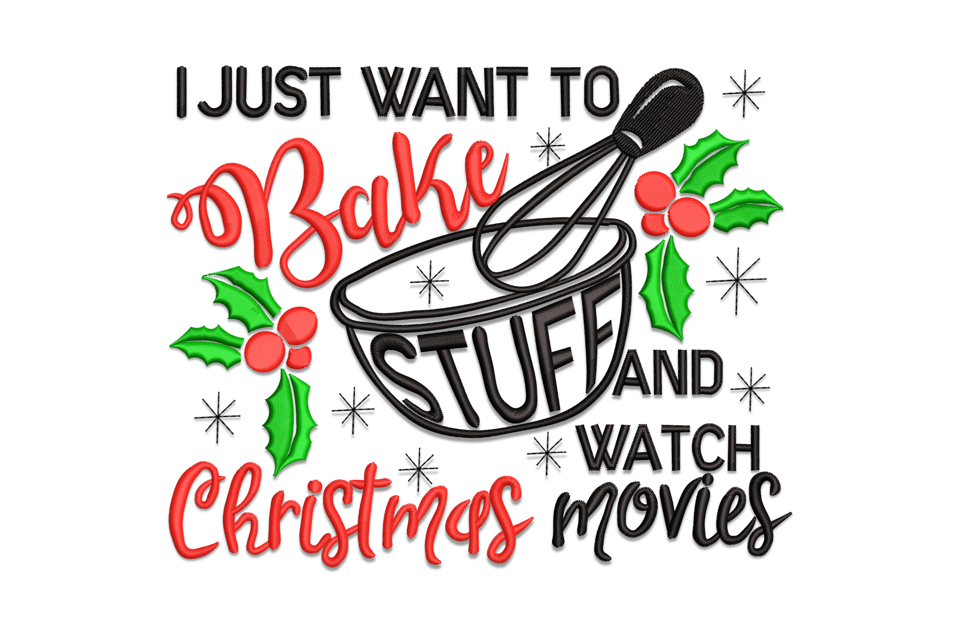 Funny holiday baking quote embroidery design, festive christmas text in 3 colours for aprons and kitchen gifts, holiday baker humour typography