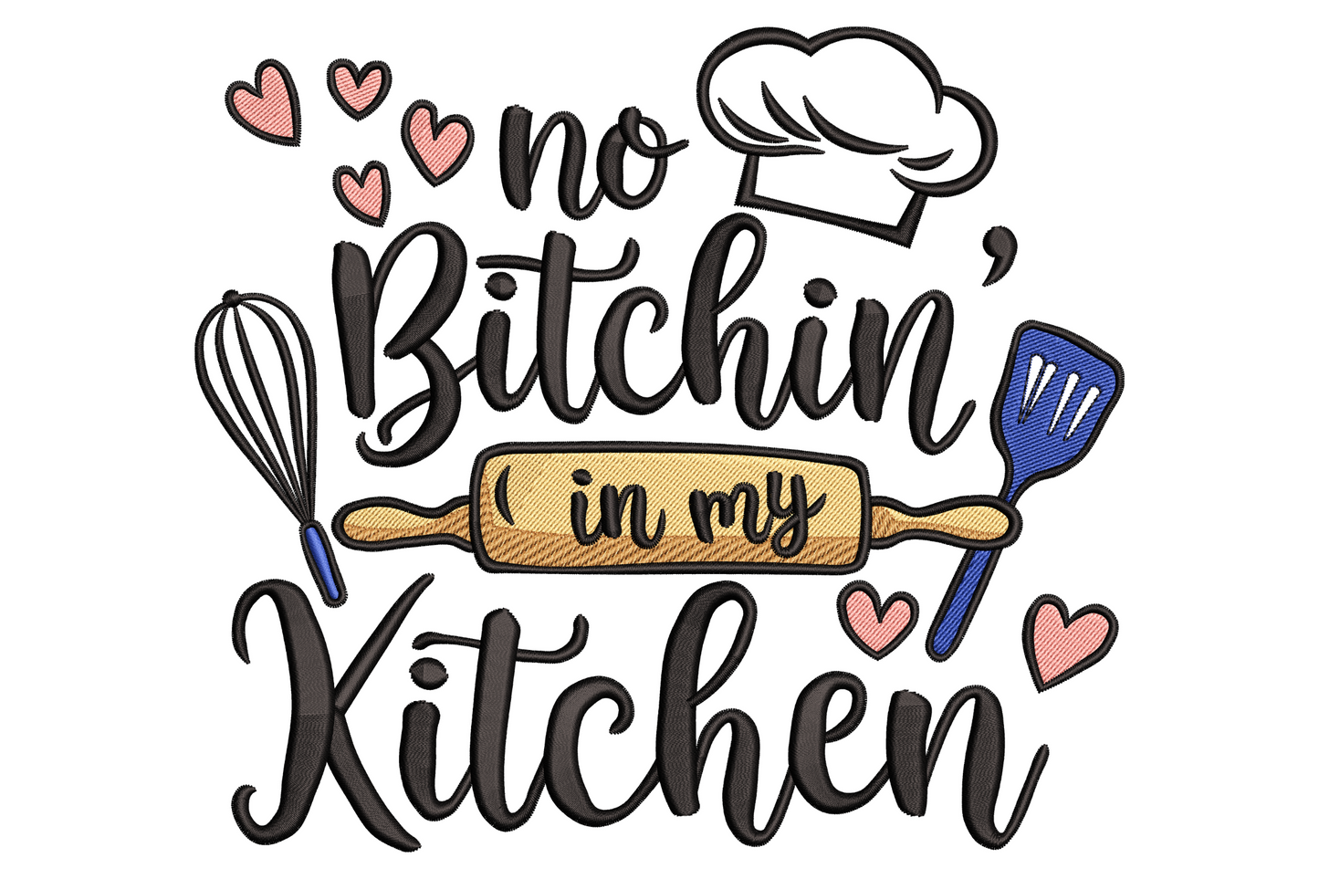 Funny kitchen quote embroidery design with bold headline text, script accent line and small cooking icons in 5 colours.