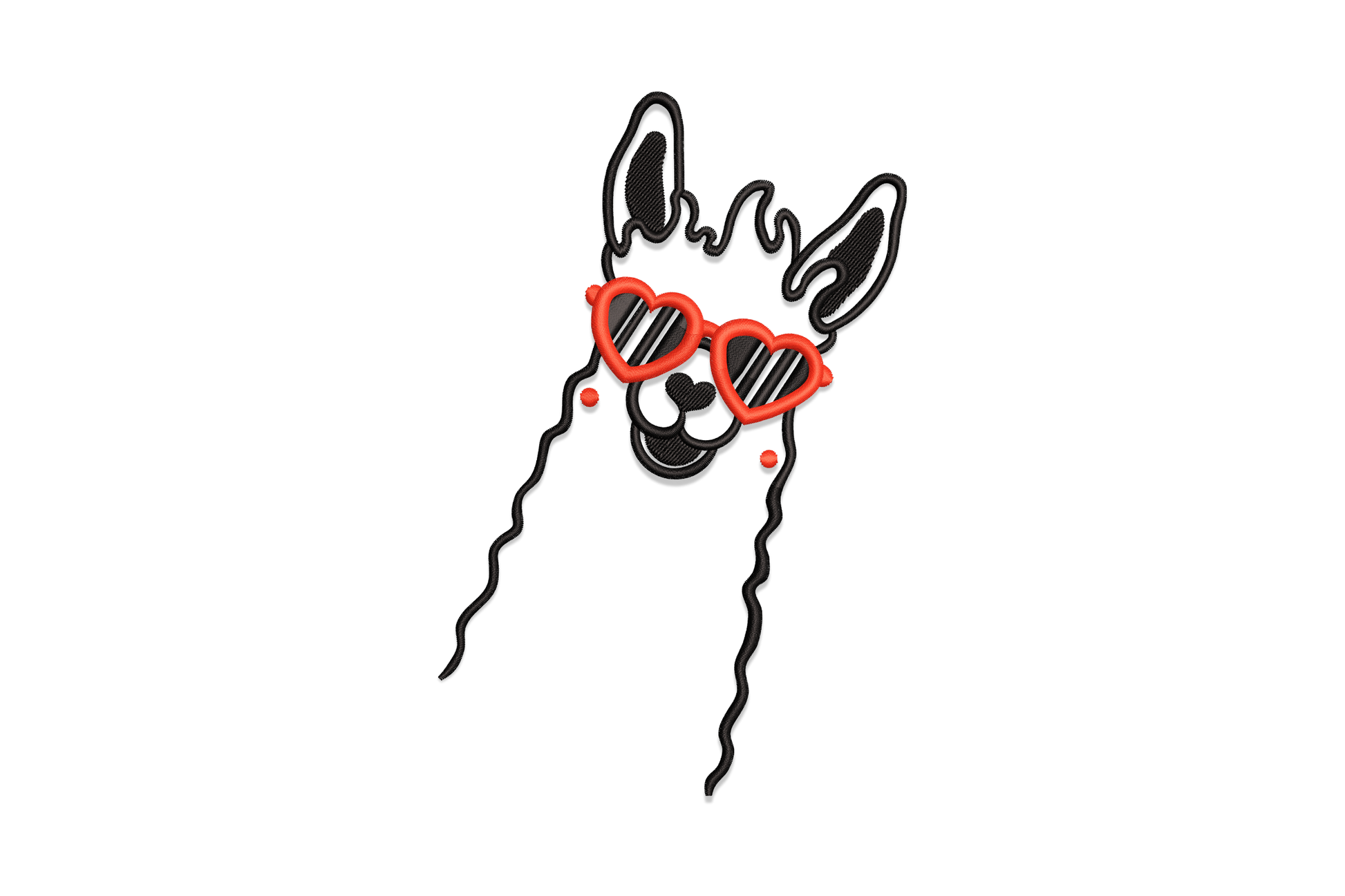 Funny llama embroidery design with sketchy black linework and red heart-shaped glasses, dangling neck tassels, cartoon style.