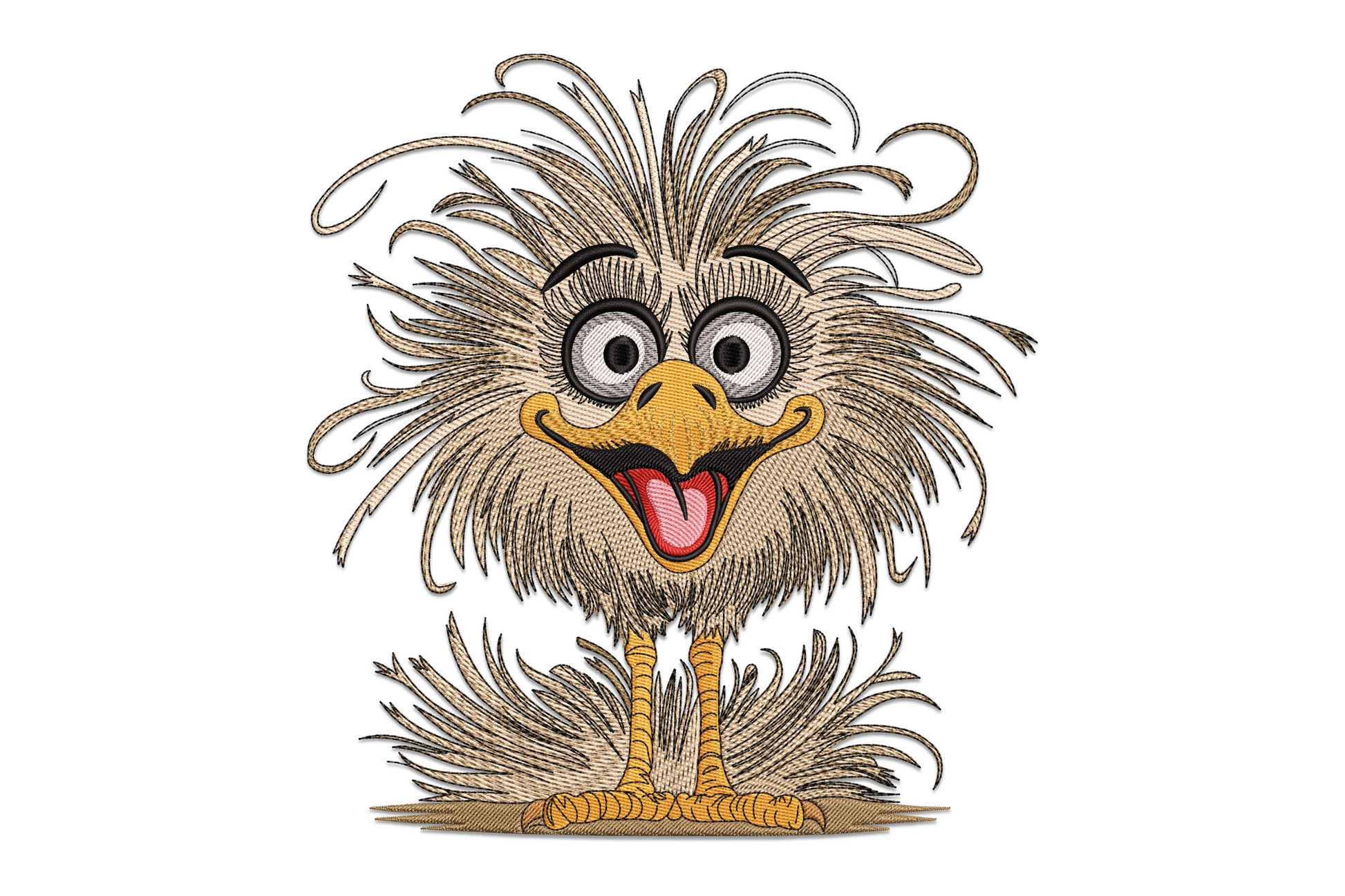 Funny ostrich cartoon embroidery, kawaii style with tiny round head, long wobbly neck, surprised expression, orange beak and feet in 10 colours