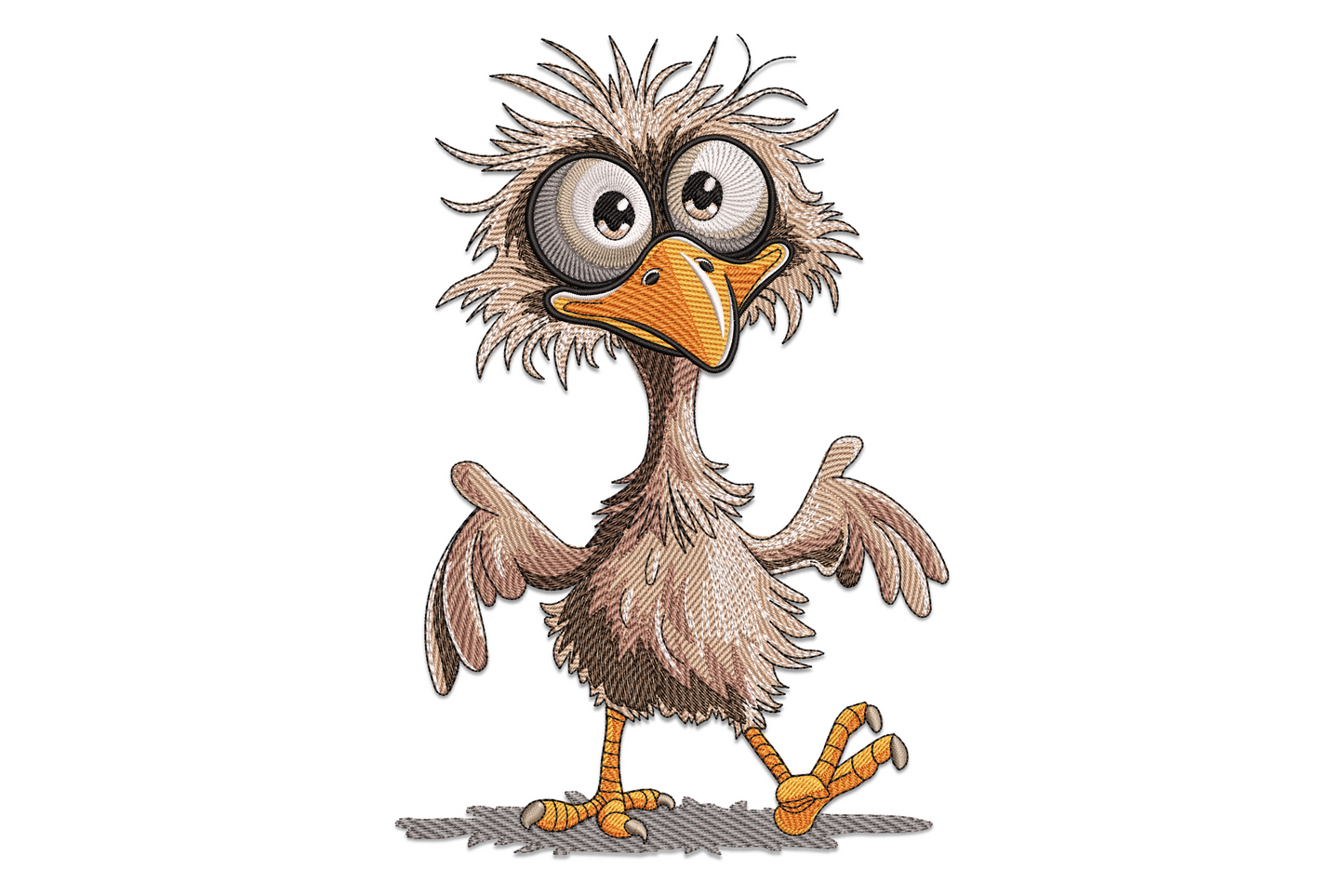Funny ostrich embroidery design, cartoon bird with huge round eyes, orange beak, scruffy tan feathers and wings spread wide.