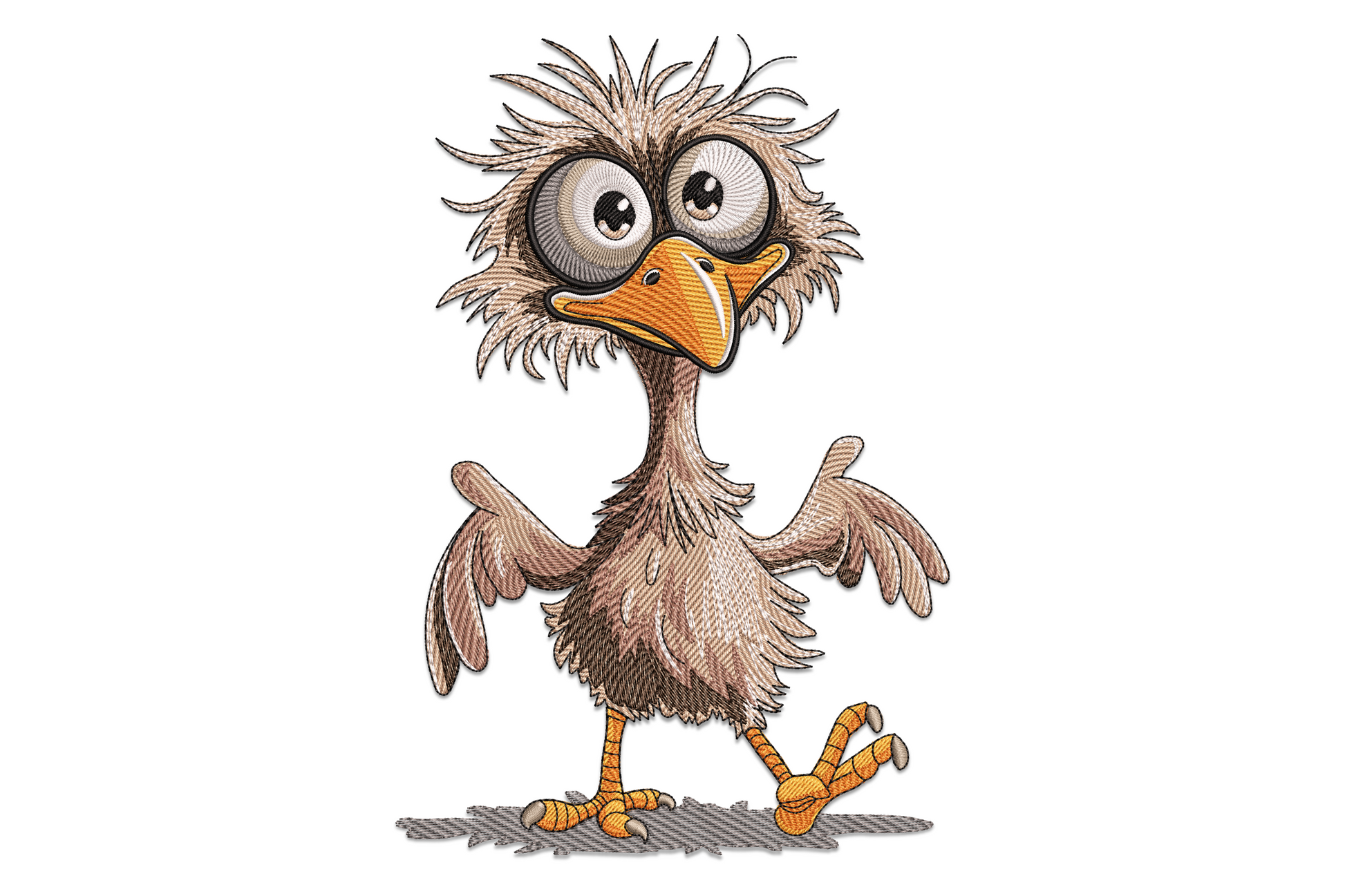 Funny ostrich embroidery design, cartoon bird with huge round eyes, orange beak, scruffy tan feathers and wings spread wide.