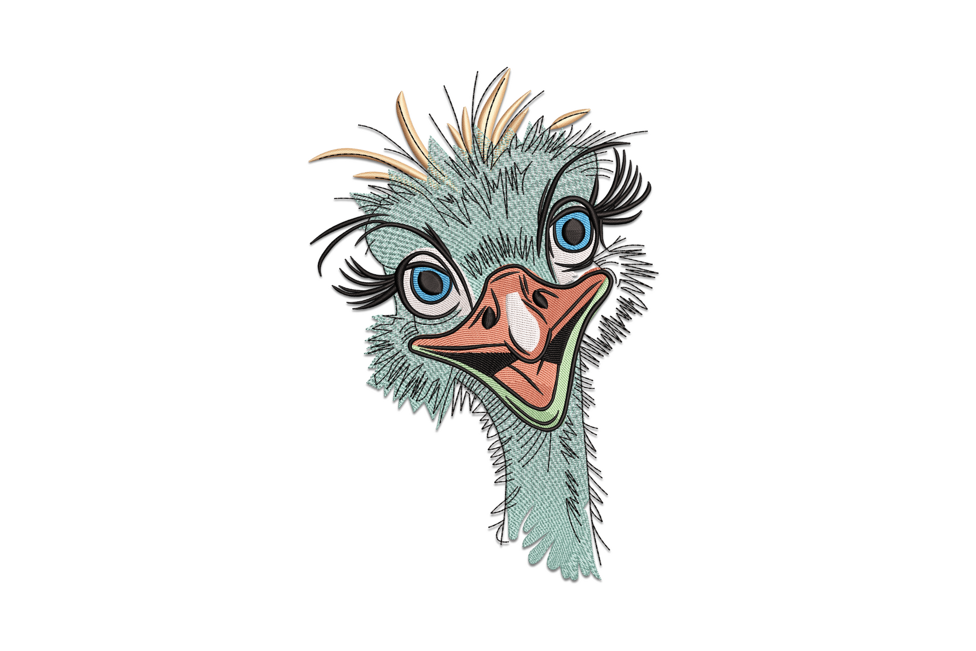Funny ostrich head and neck machine embroidery design with wide goofy eyes, pinkish skin tones and comical tall narrow format