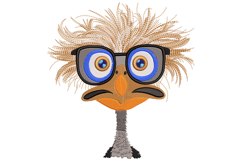 Funny ostrich with glasses embroidery design showing a close-up deadpan ostrich face with wild spiky amber-orange feather plumage and chunky black rectangular glasses with blue eyes visible through the lenses.