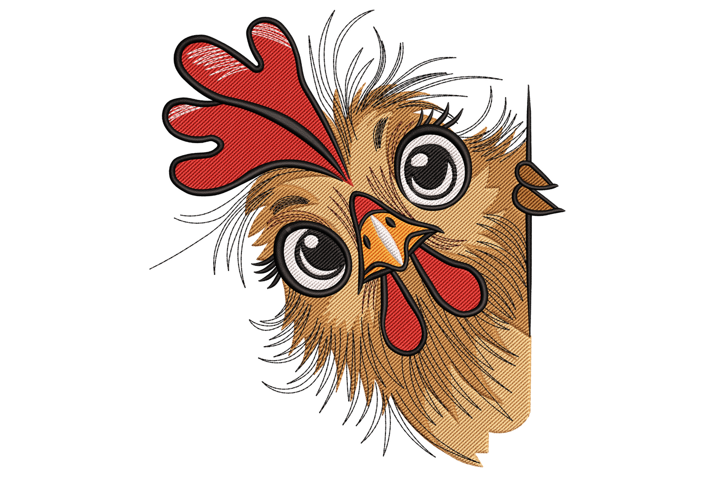 Funny cartoon chicken head peeking up with wide eyes, red comb, yellow beak and cream feathers embroidery design.