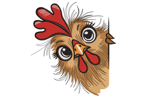 Funny cartoon chicken head peeking up with wide eyes, red comb, yellow beak and cream feathers embroidery design.