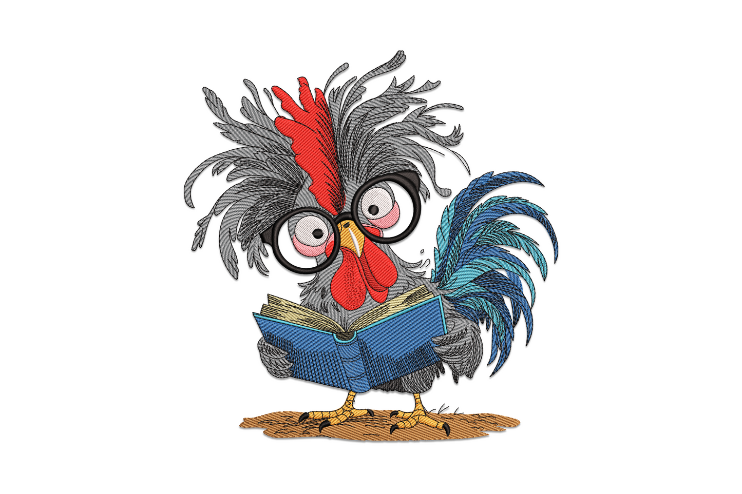 Funny rooster reading a book embroidery design, cartoon character with glasses, red comb, orange feet and open book in 11 coloured threads