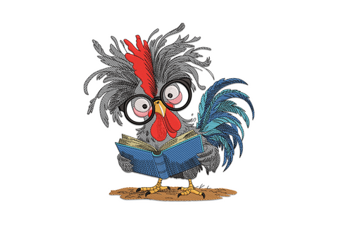 Funny rooster reading a book embroidery design, cartoon character with glasses, red comb, orange feet and open book in 11 coloured threads