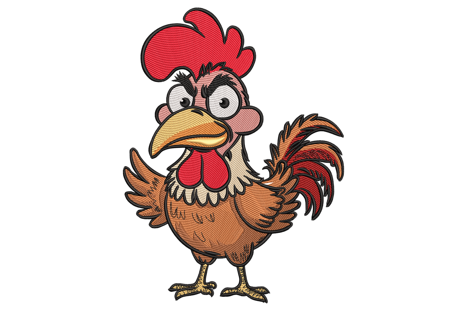 Funny cartoon rooster embroidery design with goofy googly eyes, red floppy comb, pink wattle and brown body.