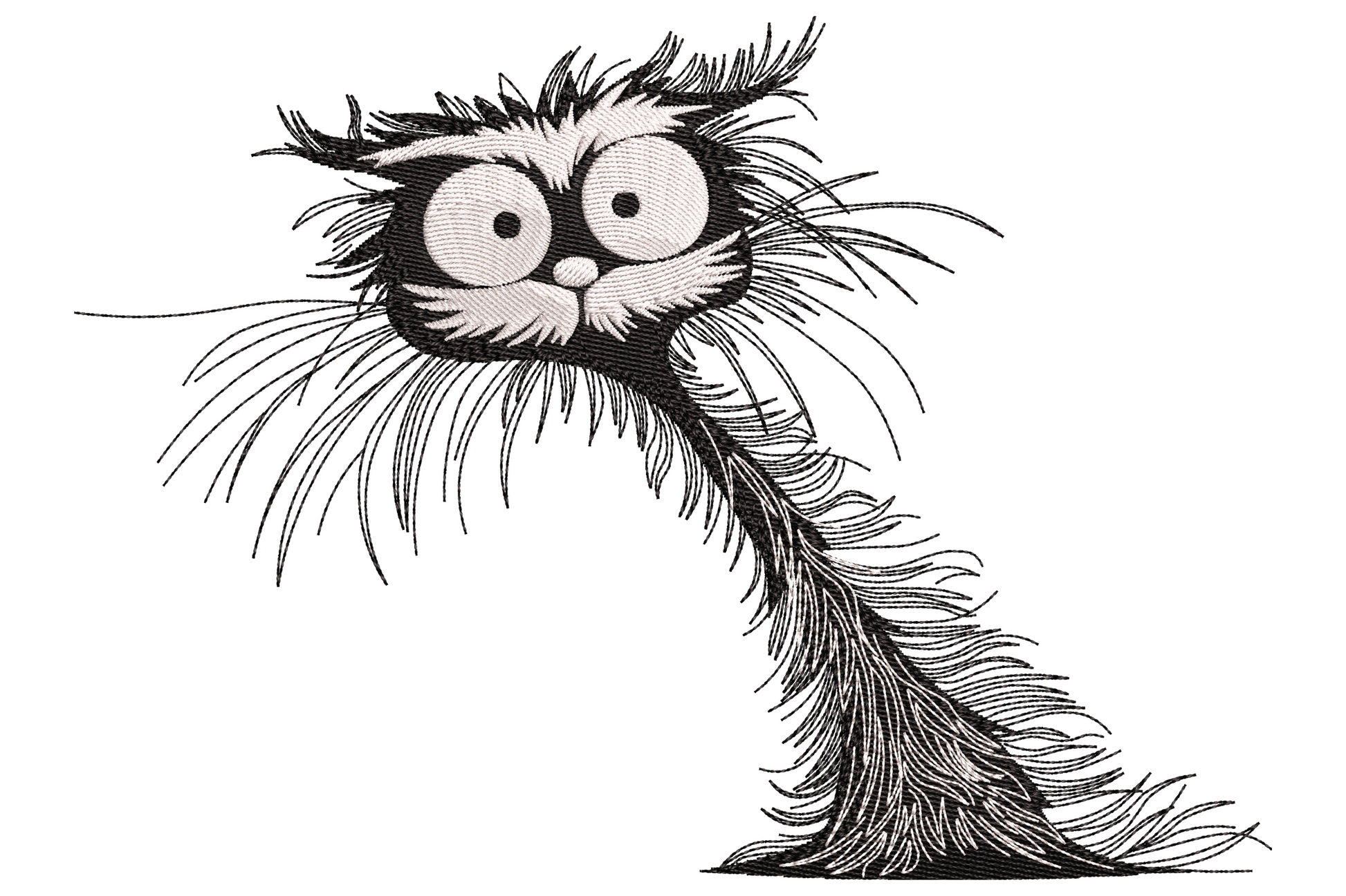 Funny scruffy cat embroidery with wild spiky fur, long neck and enormous round bug eyes in black and white sketch style.