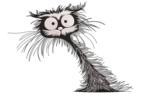 Funny scruffy cat embroidery with wild spiky fur, long neck and enormous round bug eyes in black and white sketch style.