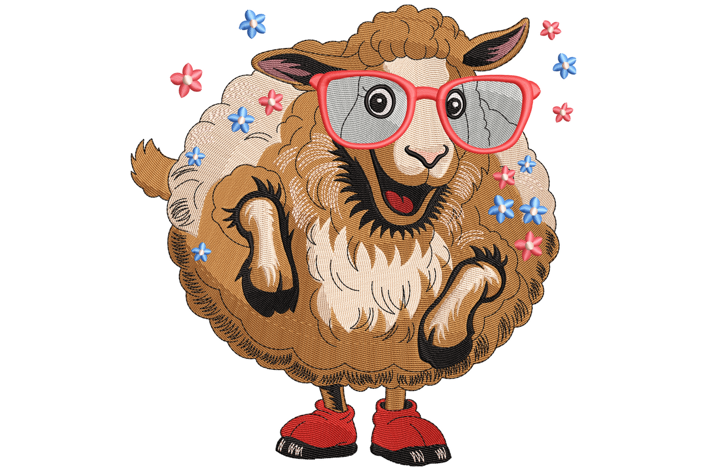 Chubby cartoon sheep in oversized red glasses with wide grin, scattered pink and blue daisy flowers, machine embroidery.
