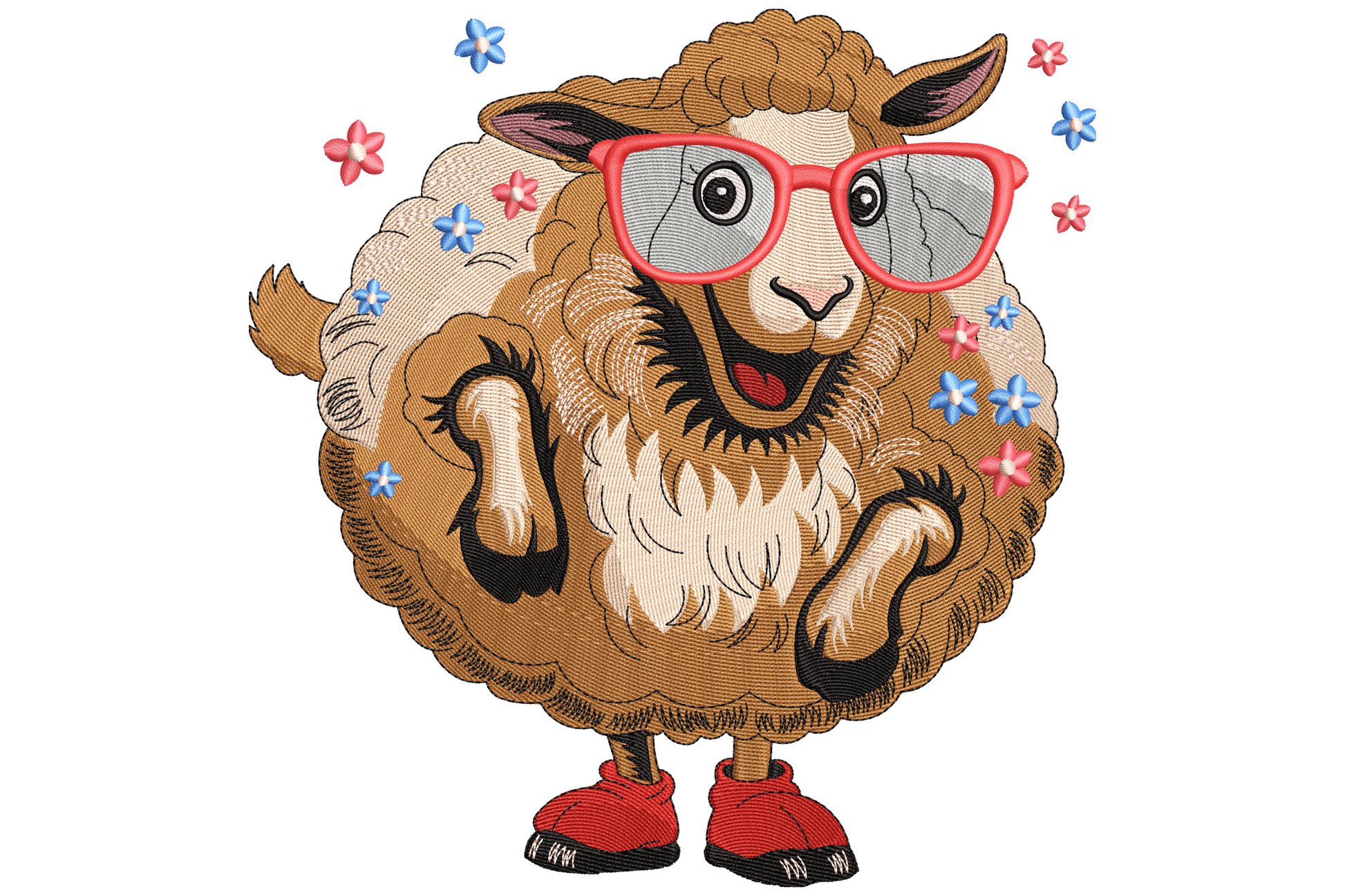 Chubby cartoon sheep in oversized red glasses with wide grin, scattered pink and blue daisy flowers, machine embroidery.