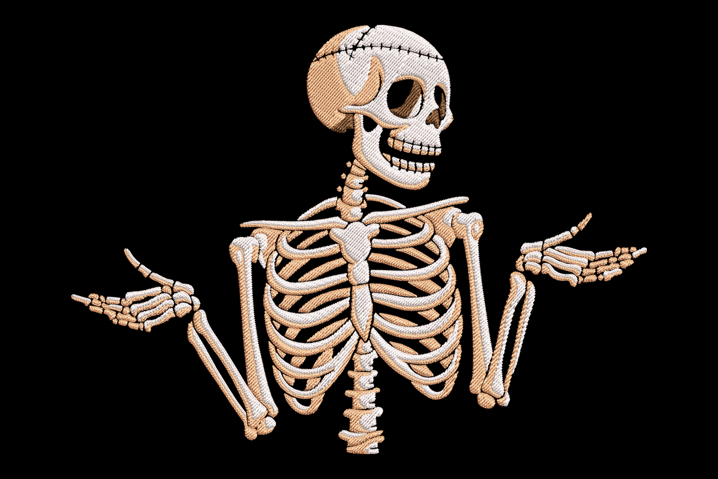 Funny skeleton shrug embroidery design, cartoon skeleton bust with shoulder shrug pose in cream ivory on black, halloween style.
