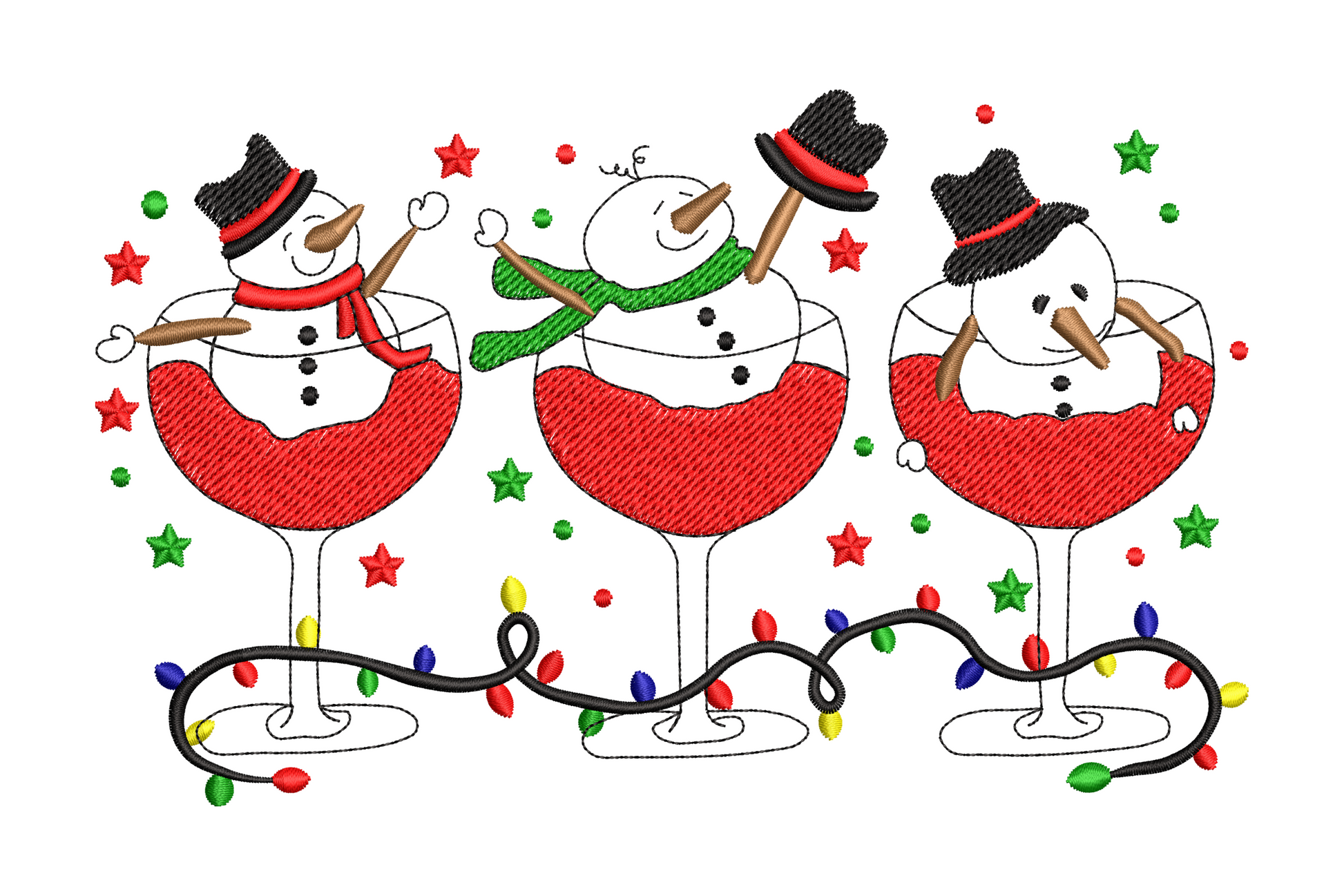Three cartoon snowmen in oversized red wine glasses with top hats, scarves, fairy lights across the bases, christmas design.