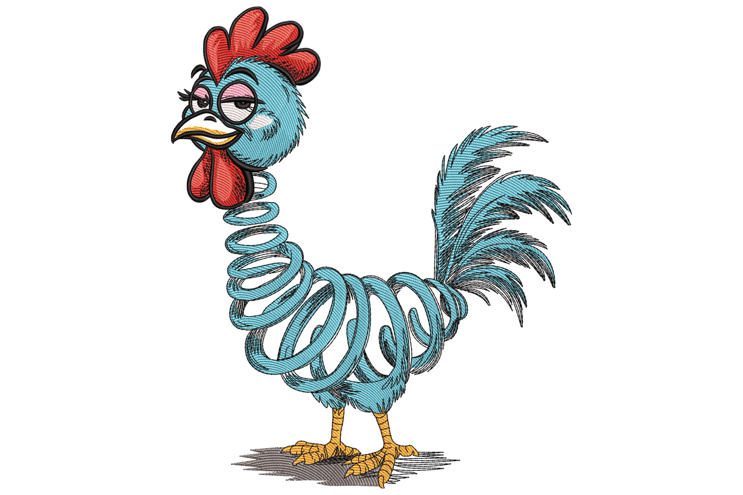 Funny spring chicken embroidery design showing a cartoon rooster with a blue coiled spring body instead of a torso, red comb and wattles, blue feathered head and tail, yellow feet, bored expression.
