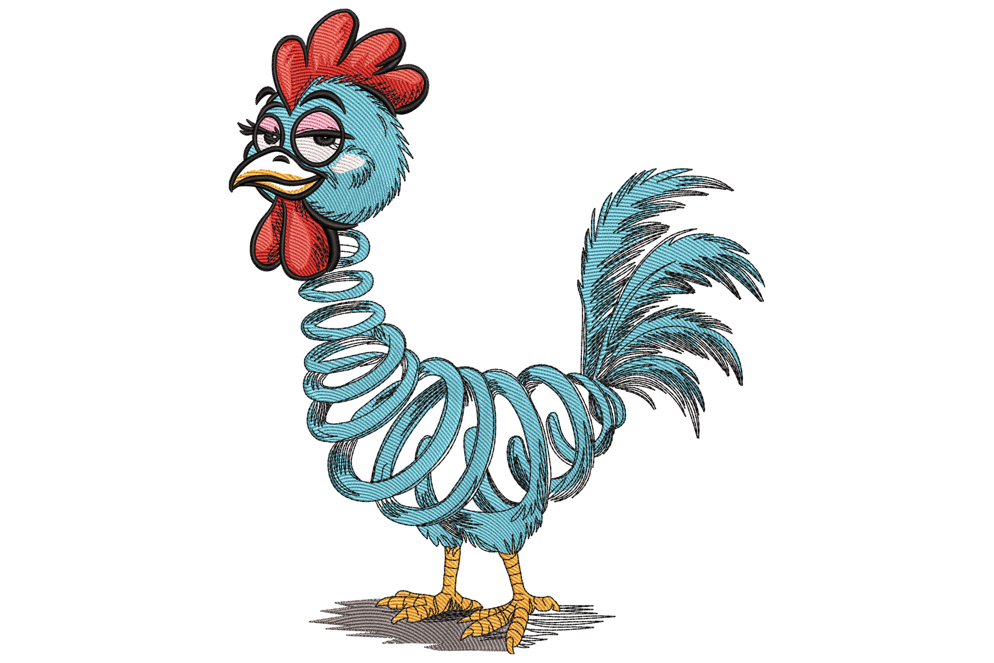 Funny spring chicken embroidery design showing a cartoon rooster with a blue coiled spring body instead of a torso, red comb and wattles, blue feathered head and tail, yellow feet, bored expression.