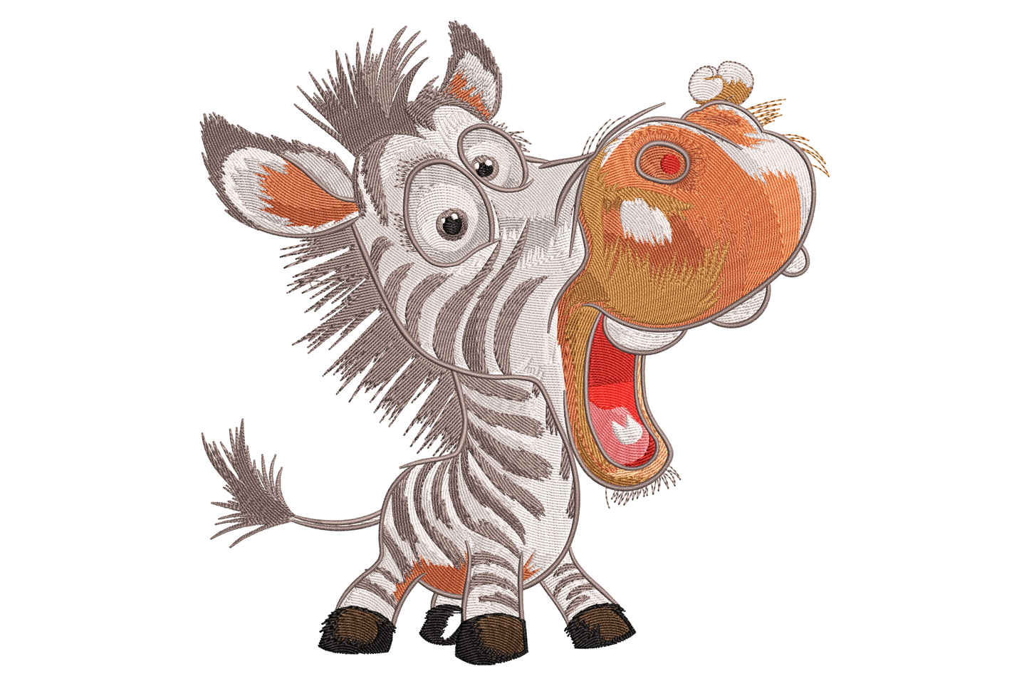 Funny cartoon zebra embroidery design with exaggerated round body, spiky mane and 12 thread colours in black, white and grey