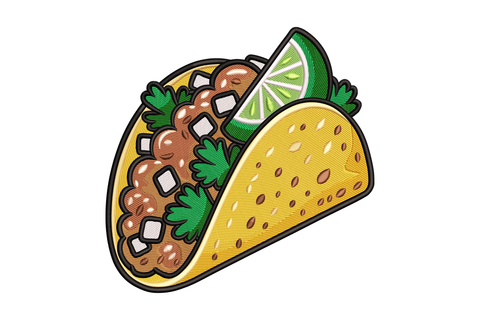 Illustration of a taco with meat, lettuce, and a lime wedge embroidery design