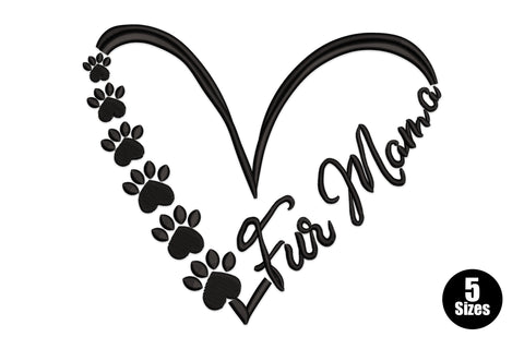 Fur Mama embroidery design, open heart outline with paw print trail and cursive text, black, 5 sizes from 2.52 to 5.87 inches
