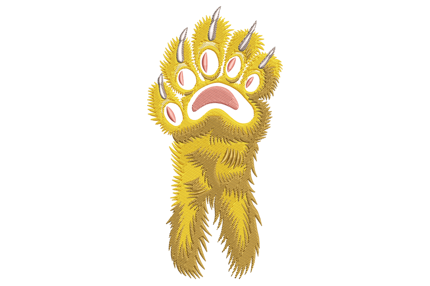 Golden furry bear paw embroidery with pink toe pads, silver claws and loose fur strands, raised upright on a bold wildlife design.