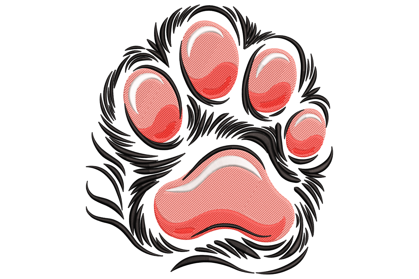 Tribal furry paw print embroidery design with spiky black fringe, red satin toe pads with white gloss highlights, 7.51 inch max size.