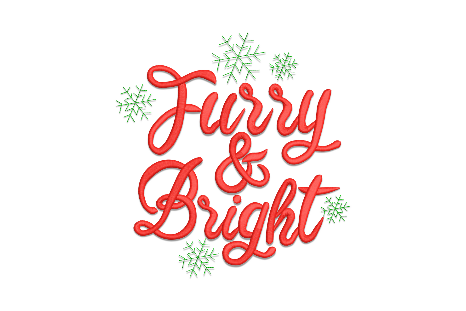 Furry and Bright Christmas pun typography embroidery design in bold red and white stacked lettering with holiday accents.