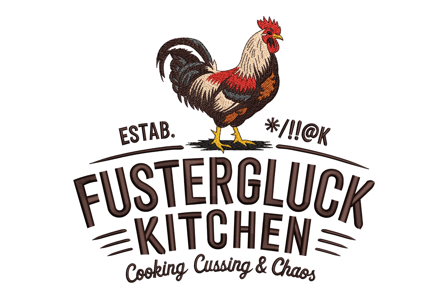 Logo of Fustergluck Kitchen with a rooster illustration on a white background
