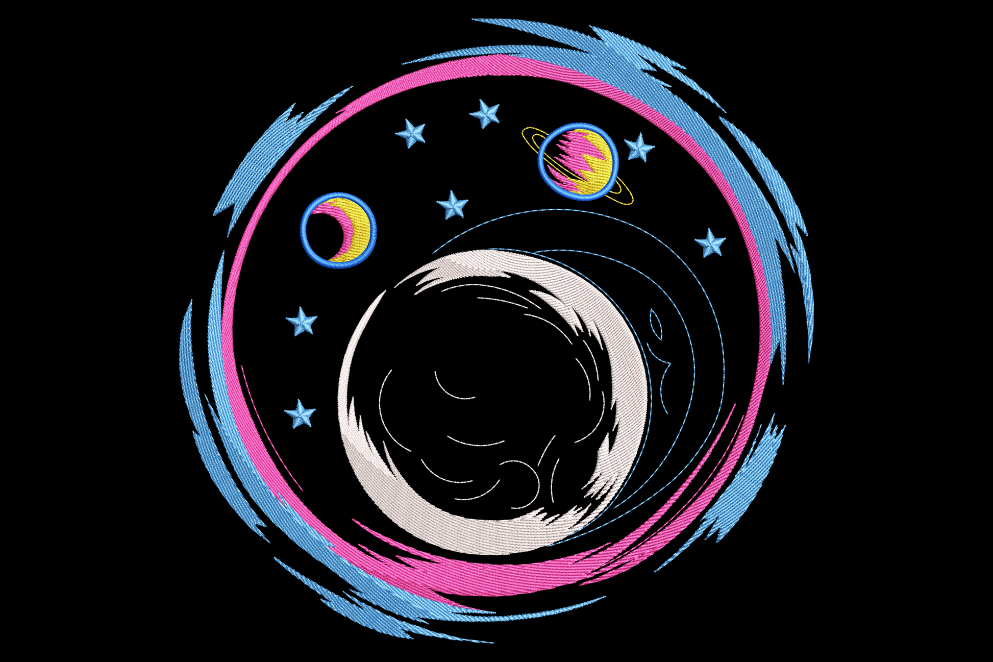 Galaxy moon embroidery, white crescent centred in pink and blue cosmic swirl with a ringed planet, mini moons and stars.