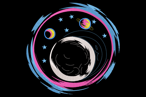 Galaxy moon embroidery, white crescent centred in pink and blue cosmic swirl with a ringed planet, mini moons and stars.