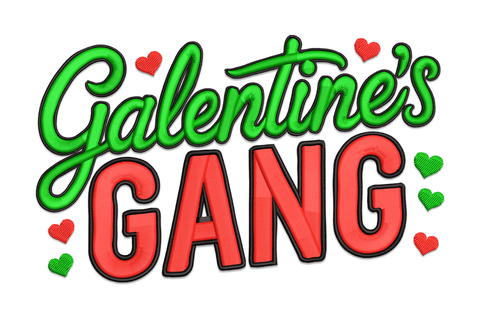 Galentine's Gang embroidery design, bold chunky lettering with heart accents, 3-colour threads on white cotton