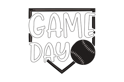 Game day baseball embroidery design with home plate badge outline, doodle-style lettering and a solid black baseball with white seams.