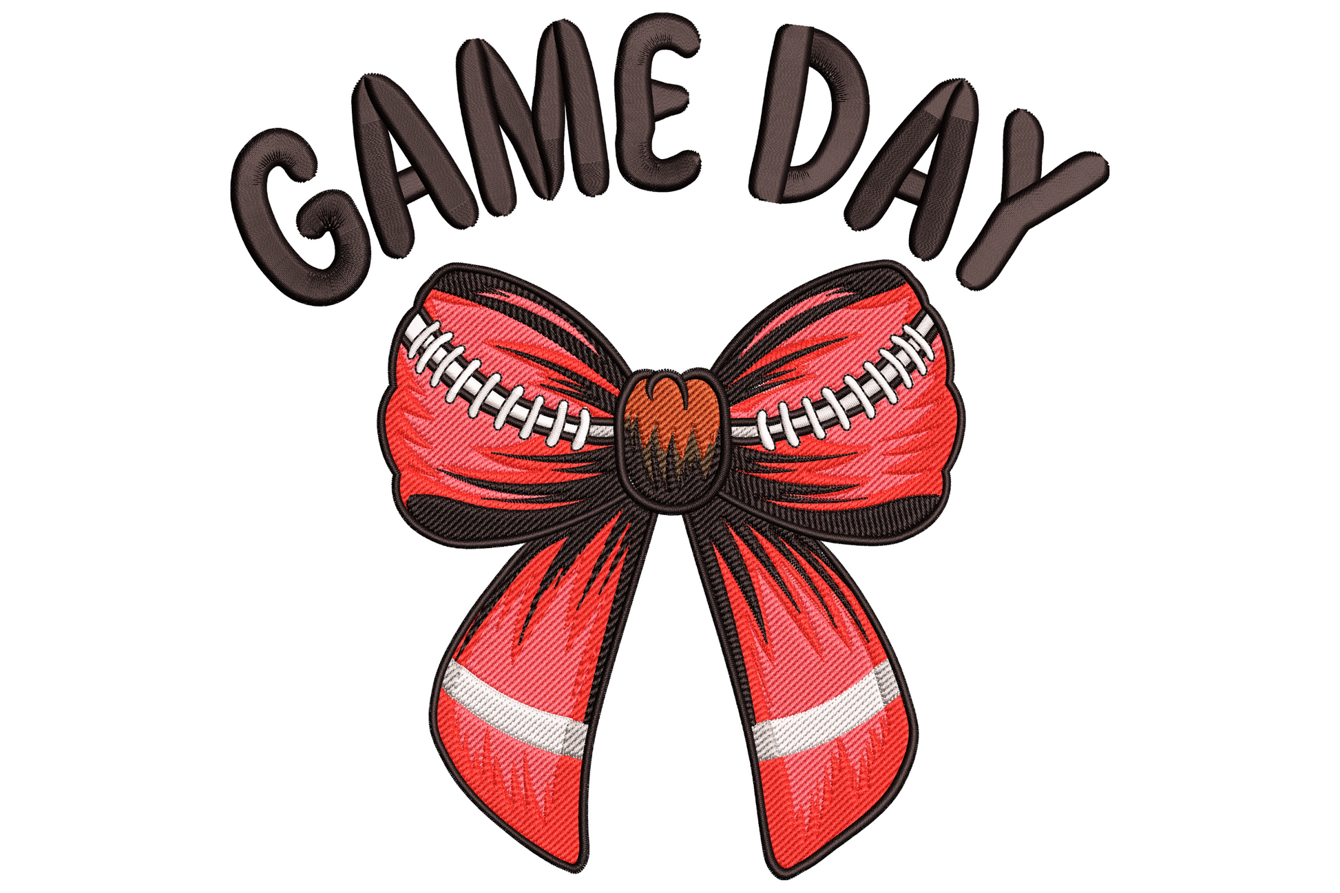 Game Day football bow embroidery design with arched game day block text above a large red bow whose wings are filled with football lace stitch marks and white stripe details on the tails.