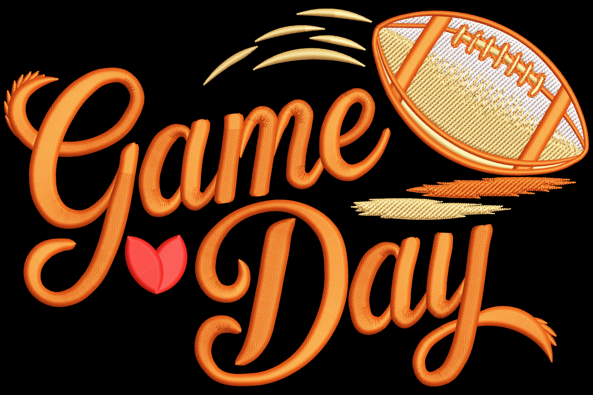 Game Day embroidery design with bold amber-orange cursive lettering, dark shadow, a flying football with cream lace detail and motion lines, and a small red tulip accent.