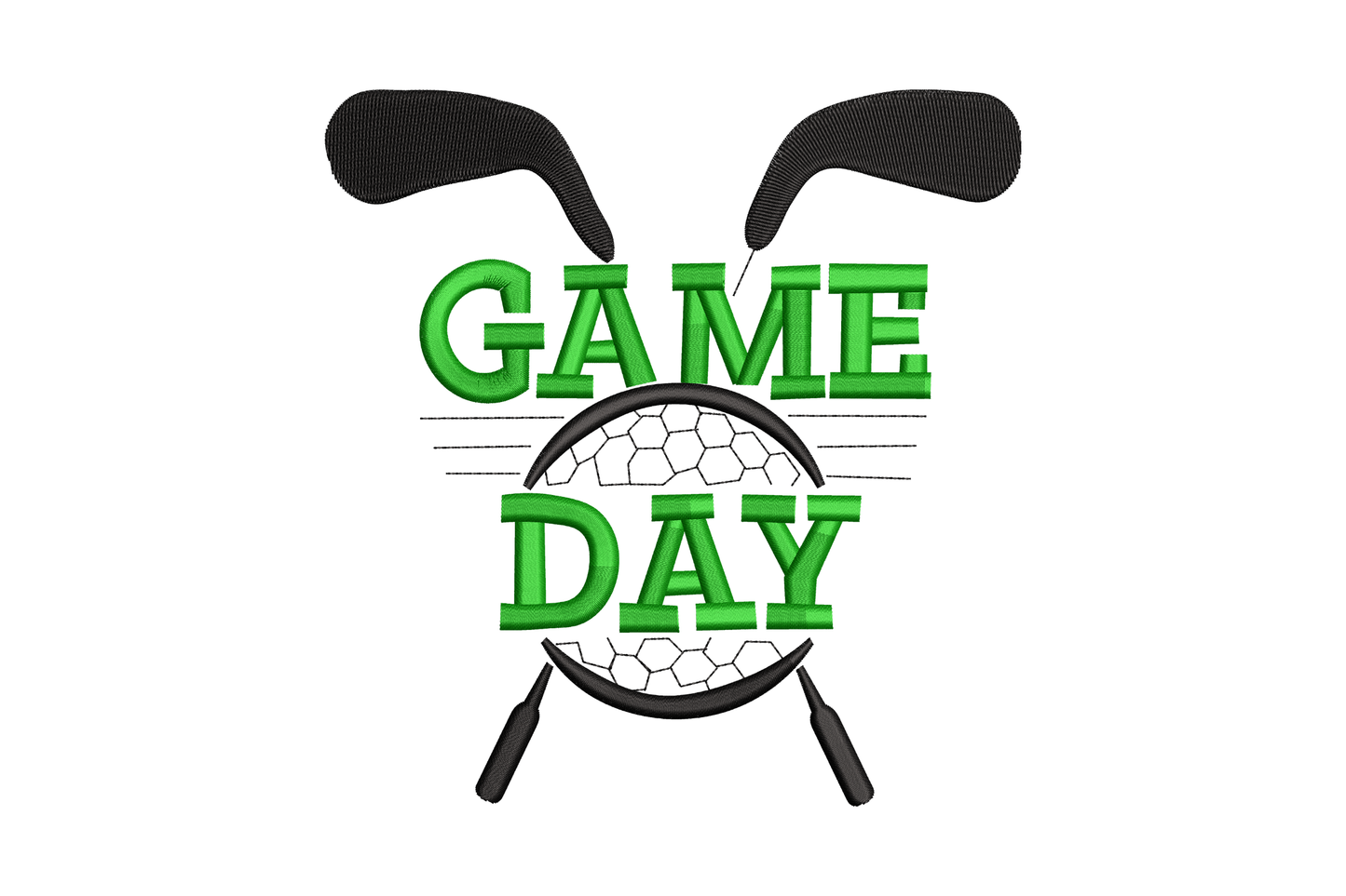Game Day Golf embroidery design with dark green varsity block lettering, crossed black golf clubs and hexagonal golf ball badge.
